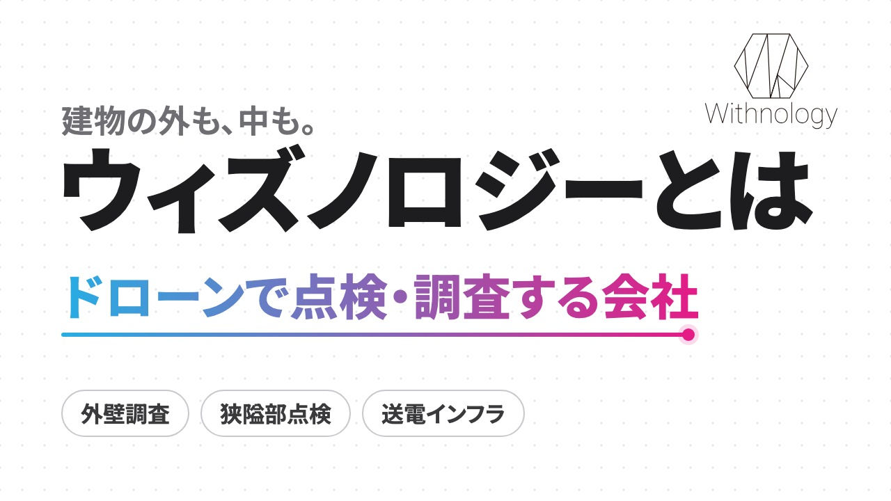 白地に「建物の外も、中も。」「ウィズノロジーとは」「ドローンで点検・調査する会社」の文字と、「外壁調査」「狭隘部点検」「送電インフラ」の3つの札。右上にWithnologyのロゴ
